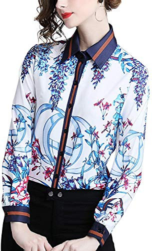 Womens Elegant Floral Printed Workwear Blouse Button Down Long Sleeve Shirt Tops
