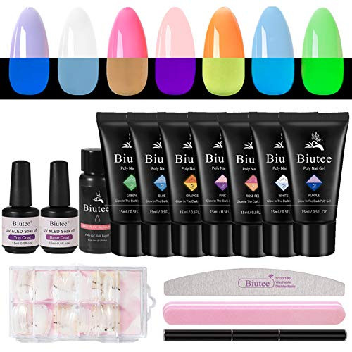 Biutee Glow in The Dark Poly Nail Gel 7colors 0-53oz with 30ml Slip Solution Base Coat Top Coat Nail Form Nail File Bursh Pen Builder Gel Nail Extensi