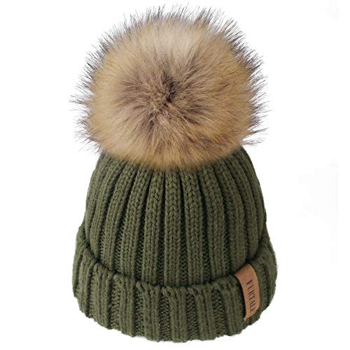Kids Winter Knitted Pom Beanie Bobble Hat Cotton Lined Faux Fur Ball Pom Pom Cap Unisex Kids Beanie Hat