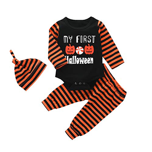 My First Halloween Newborn Baby Girl Boy Clothes Pumpkin Romper Top Stripe Pant Outfit Set with Hat?0-3 Months? Black