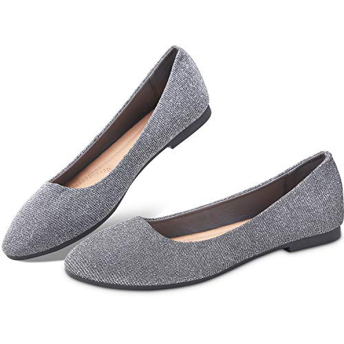 Obtaom Women Flat Shoes Round Toe Slip on Shoes Girls Dress Silvery Black Ballet Flats-Silvery US11-