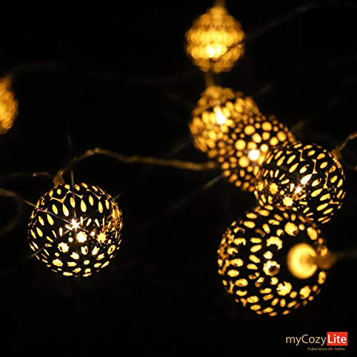myCozyLite LED Globe String Lights  Warm White Moroccan Lights  Battery Powered with Timer  Unique Pattern  20 Golden Metal Globes  for Indoor and Out