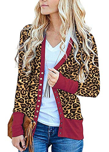 Womens Long Sleeves Open Front Leopard Print Button Down Knitted Sweater Cardigan Coat Outwear with Pockets Red