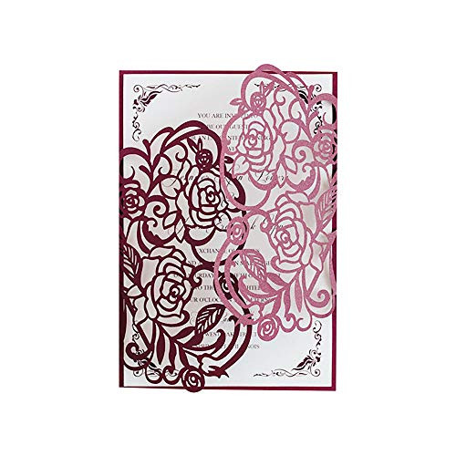 Fashmade 50 X Fold Rose Laser Cut Invitations with Envelopes and RSVP Cards Wedding Party Birthday -Red Wine-