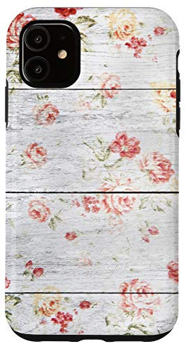 iPhone 11 Pretty Floral Blush Pink Rose Woodgrain Shiplap Grey Wood Case