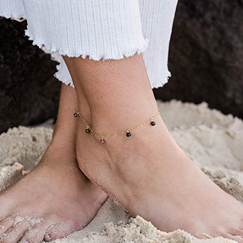 Boho tourmaline gemstone dangle bead drop anklet in 14k gold fill - 9 wide with 2 adjustable extender - October birthstone