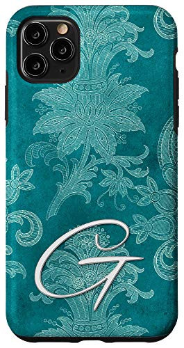 iPhone 11 Pro Max Teal floral Initial letter G monogram teal ornamental Case