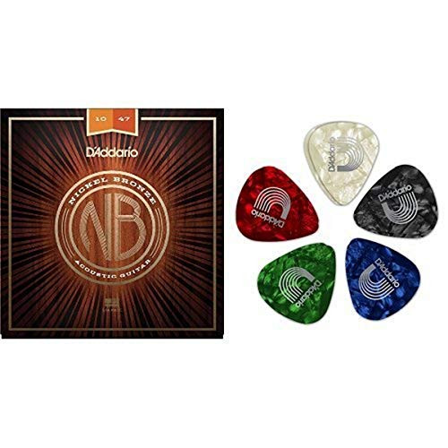DAddario Nickel Bronze Extra Light Acoustic Guitar Strings and 10 Pack Assorted Celluloid Medium Guitar Picks