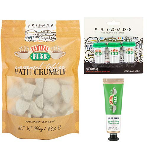 Central Perk Chapsticks and Bath Crumble and Hand Balm - Friends TV Show Set of 3 Lip Balm and Toffee Caramel Scented Bath Fizz and Mango and Ylang Ylang Central Perk Chapsticks and Bath Crumble and Hand Balm - Friends TV Show Set of 3 Lip Balm and Toffee Caramel Scented Bath Fizz and Mango and Ylang Ylang