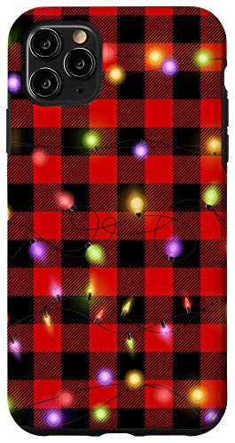 iPhone 11 Pro Max Christmas Plaid Xmas Lights on Red and Black Buffalo Plaid Case
