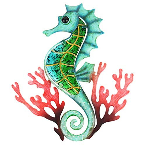 HONGLAND Metal Seahorse with Coral Wall Decor Indoor Art Sculpture Hanging Glass Decorations Blue for Home Garden Bedroom HONGLAND Metal Seahorse with Coral Wall Decor Indoor Art Sculpture Hanging Glass Decorations Blue for Home Garden Bedroom