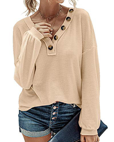BTFBM Women Waffle Knit Shirts V-Neck Long Sleeve Casual Slouchy Loose Blouses Plain Faux Button Lightweight Pullover -Apricot  Small-