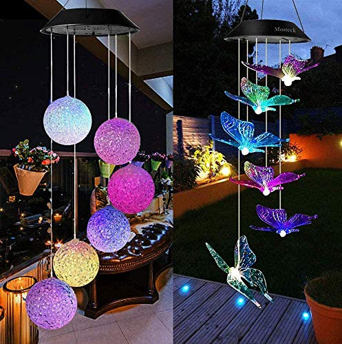 Mosteck Wind Chimes Outdoor Solar  Butterfly Wind Chimes and Crystal Ball Wind Chimes Color Changing Lights Mobile Wind Chime