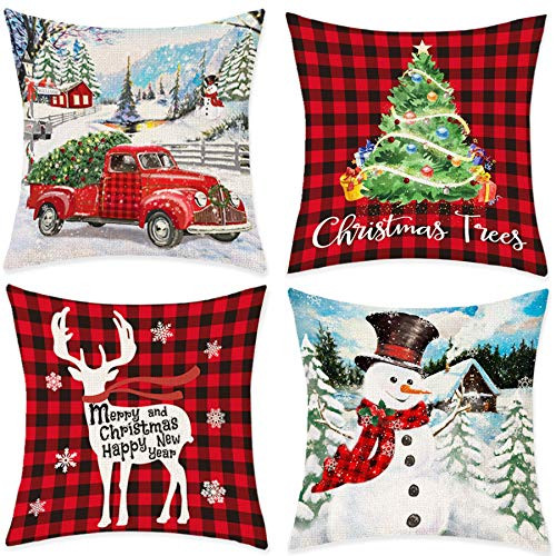 Bonsai Tree Christmas Pillow Covers  Red Truck Snowman Couch Throw Covers 18x18  Merry Christmas Tree Buffalo Plaid Deer Winter Cotton Linen Pillow