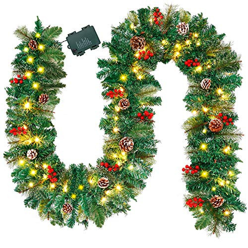 ATDAWN 9 Foot Christmas Lighted Garland  Battery Operated Christmas Garland with Lights  Pre Lit Garland Wreath with Pine Cones for Indoor Home Winter