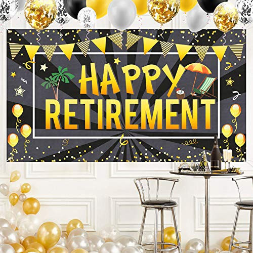 Happy Retirement Banner - Retirement Decorations - Extra Large 70 X 40 Retirement Backdrop -Black Gold Retirement Banner - Retired Decoration - Happ