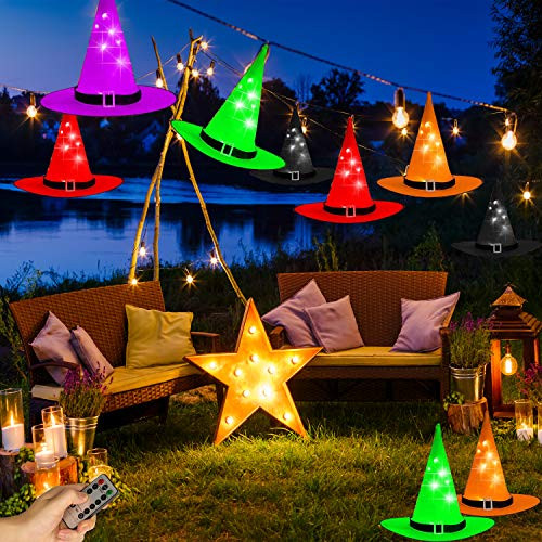 NIGHT-GRING Halloween Decorations LED Lighted Witch Hats  8Pcs Hanging Glowing Witch Hats LED Halloween Outdoor String Lights Battery Powered Garden