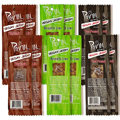Primal Spirit Vegan Jerky - Seitan Power Pack  10 g- Plant Based Protein  Certified Non-GMO  No Preservatives -The Classics Teriyaki  Thai Peanut  a