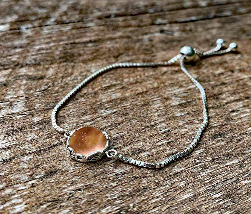 Recycled Antique Pink Depression Glass and Sterling Silver Botanical Series Adjustable Slider Bracelet