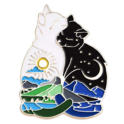 Avamie Two Cats Hugging with Moon and Star Enamel Lapel Pin Yin and Yang Balance Cat Enamel Pin