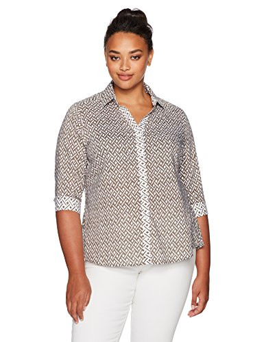 Foxcroft Women's Petite Mary Ikat Geo Wrinkle Free Shirt, Olive 8P