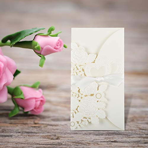 Wedding Invitation Cards Laser Cut Floral Design Invitation Pockets with Ribbon for Bridal Showers Engagement Parties Includes Covers Blank Inserts Envelopes