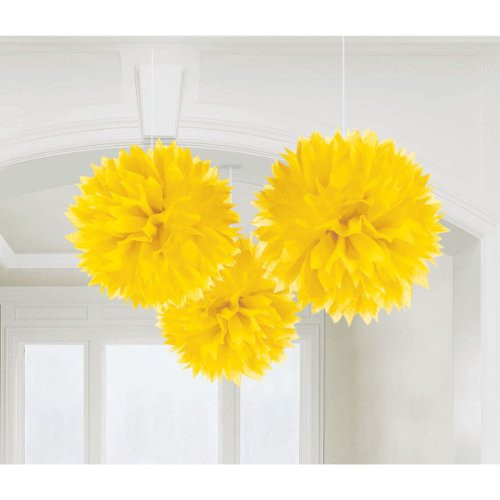 Amscan Sweet and Stylish Hanging Fluffy Balls Party Decoration, Yellow, Paper, 16", Pack of 3