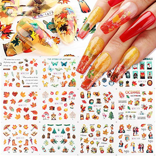 24 Sheets 3D Fall Nail Art Stickers Thanksgiving Autumn Nail Decals Water Transfer Pumpkin Squirrel Turkey Maple Leaves Nail Art Design Sticker Nail Arts DIY Nail Decorationstype1