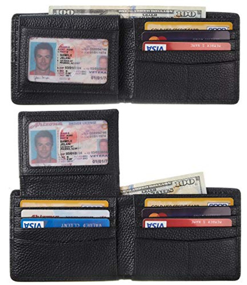 BSWolf Wallet for Men Genuine Leather RFID Blocking Bifold Wallet With 2 ID Window Pebble Black