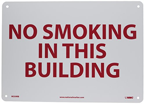 NMC M359RB NO SMOKING IN THIS BUILDING Sign - 14 in_ x 10 in_ Rigid Plastic Smoking Prohibition Sign with Red Text on White Base