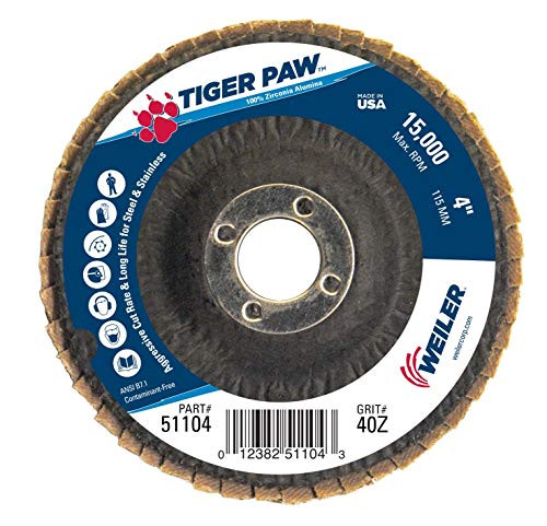 Weiler 51104 Tiger Paw High Performance Abrasive Flap Disc Type 29 Angled Style Phenolic Backing Zirconia Alumina 4 Diameter 58 Arbor 40 Grit 15000 RPM Weiler 51104 Tiger Paw High Performance Abrasive Flap Disc Type 29 Angled Style Phenolic Backing Zirconia Alumina 4 Diameter 58 Arbor 40 Grit 15000 RPM