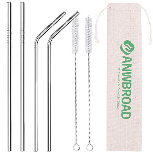ANWBROAD Metal Straws Stainless Steel Straws Drinking Straws Reusable Straws Thickened 4 Set 10_5 Silver Long 2 Brushes for 2030 Oz Yeti RTIC SIC Trail Tumblers Cocktail 2 Straight2 Bent2 Brush