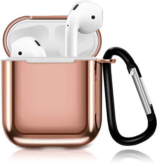 AirPods Case Front LED Visible Shockproof Protective AirPods TPU Plated Cover Compatible with Apple AirPods 12 ?Wireless Charging Case with CarabinerKeychain Airpods Accesssories Rose Gold
