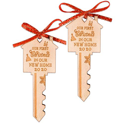 First Christmas in Our New Home Wooden Key Christmas Ornament 2020 for Housewarming Xmas Tree and Holiday Decoration 2 Pack