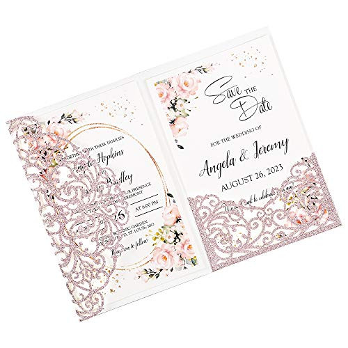 DORISHOME 1pc Glitter Rose Gold Blank 4_7x7 Inch Wedding Invitation Kits Laser Cut Hollow Rose Pocket Wedding Invitations with Envelopes For Wedding Bridal Shower Engagement Invite