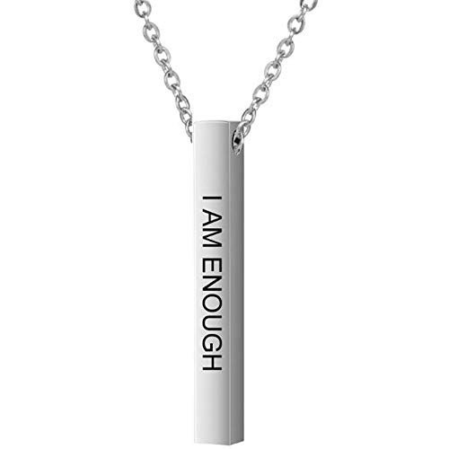 Stainless Steel Vertical Long Bar Inspiration Encouragement Mantra Collar Charm Pendant Satement Necklace I am Enough