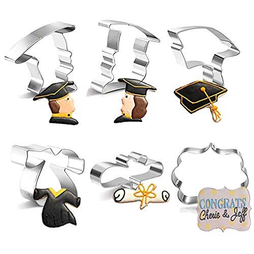 6Pcs Graduation Cookie Cutters Set Graduate Party Stainless Steel Biscuit Fondant Mold Cake Cupcake Topper Decoration Supplies Graduation Cap Gown Diploma MaleFemale Doctor Plaque Frame