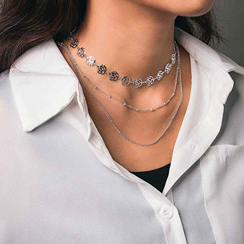 Bomine Layered Necklace Chain Flower Choker Necklaces Rose Jewelry Chains for Women and Girls Sliver Bomine Layered Necklace Chain Flower Choker Necklaces Rose Jewelry Chains for Women and Girls Sliver