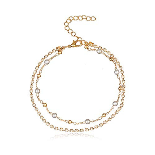 Conifor Boho Gold Layered Rhinestone Anklets Beach Sandal Pearl Ankle Bracelet Foot Chain Jewelry for Women and Girls