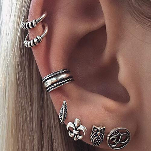 Crysly Boho Earring Silver Leaf Stud Earing Sets Owl Assorted Earrings Jewelry for Women and Girls Pack of 7