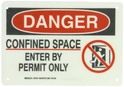 Brady 87674 10 Width x 7 Height B-120 Premium Fiberglass Black and Red on White Confined Space Sign Header Danger Legend Confined Space Enter By Permit Only with Picto