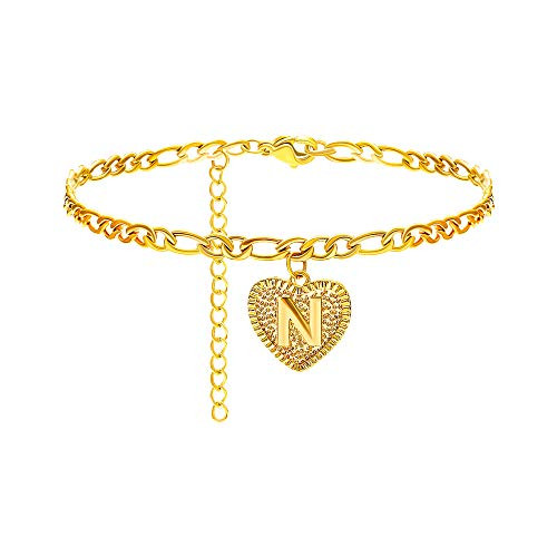Heart Initial Ankle Bracelets for Women 14K Gold Letter Anklet Stainless Steel Figaro Chain Anklet Cute Anklets for Teen Girls Alphabet Initial Anklet Summer Beach Foot Jewelry N