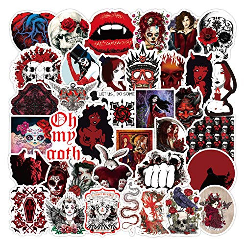 50 Pcs Horror Style Cool Gothic Stickers for Laptop Water Bottle Skateboard Phone Hydroflask Punk Retro Skull Skeleton Dark Red Vinyl Sticker Waterproof Trendy Aesthetic Decal for Teens Boys Adults