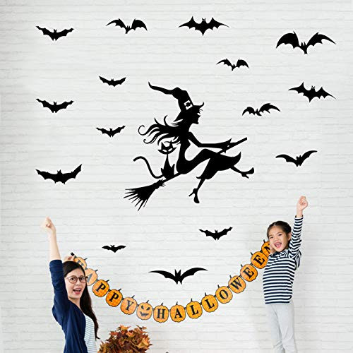 Eutecado Halloween Wall Decals Witch and Bats Scary Wall Stickers Posters for Window Door Vinyl Removable Halloween Decorations Art Murals Cute Party Decor