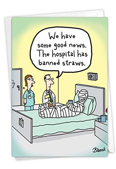 NobleWorks - Funny Get Well Soon Card with Envelope - Cartoon Humor Feel Better Greeting - Straw Ban C7249GWG