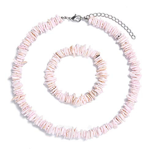 WELLVO Natural Shell Choker Necklace for Women Seashell Necklace Choker Adjustable Summer Beach Necklace Bracelets Set Hawaiian Jewelry for Women Girls Pink Puka Shell Necklace   Bracelets Set