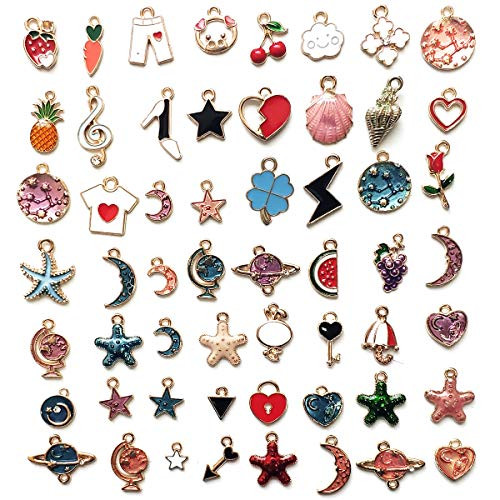 Misscrafts 56pcs Enamel Plated Pendant Charms Assorted for DIY Necklace Bracelet Eardrop Jewelry Making Moon Star Fruit