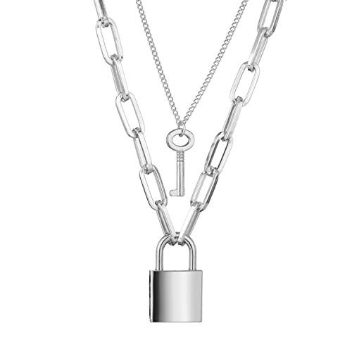 WOWEI Padlock Key Pendant Necklace Punk Hip Hop Alloy Silver Long Chain Multilayer Choker for Women Men