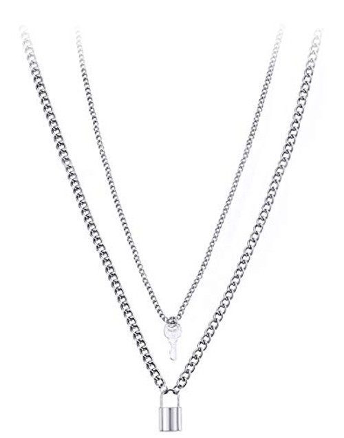 Ofeiyaa Lock Key Pendant Necklace Egirl Eboy Chains Lock Chain Necklace Statement Long Chain Punk Multilayer Choker for Women Men