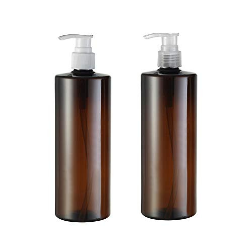 2PCS 500ml17oz Empty Brown Plastic Shampoo Bottles with Pumps Refillable Lotion Sample Packing Container Storage Pot Jar Vials Dispenser for Shower Gel Toiletries Pump Color Random